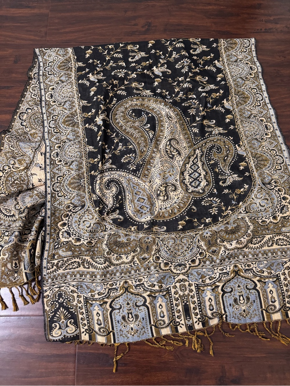 Pashmina Ashley Cooper Scarf Fringed Wrap Black Gold Paisley 66 X 27.5 Boho Fall